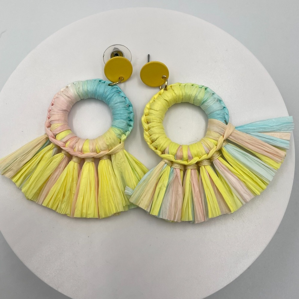 Vintage Pastel Multi-Color Straw Woven Raffia Hoop Drop Fringe Statement Earring